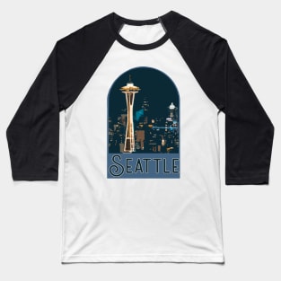 Seattle Skyline Night Time Decal Baseball T-Shirt